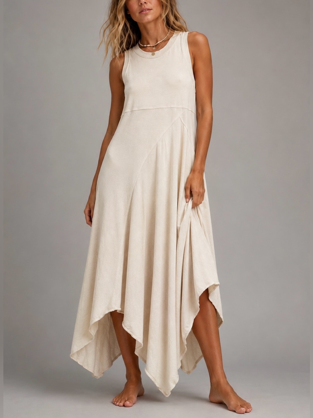 Free People Beach 100% Cotton Handkerchief Maxi Dress M Beige Sleeveless Coastal